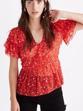 Madewell Red Tiered-Sleeve Peplum Top in Metallic Prairie Posies Size 4